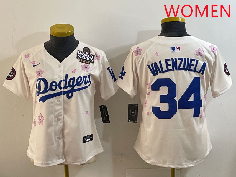 Women Los Angeles Dodgers 34 Valenzuela Cream Sakura Edition 2025 Nike MLB Jersey style 2